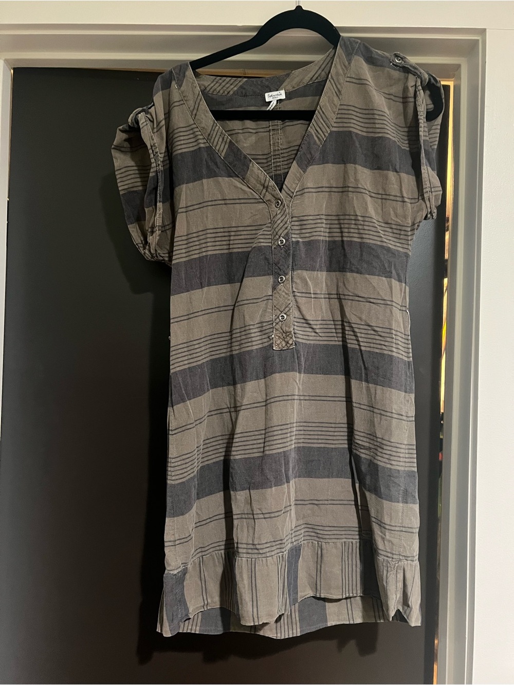 Splendid Striped V-Neck Midi Dress in Gray and Taupe